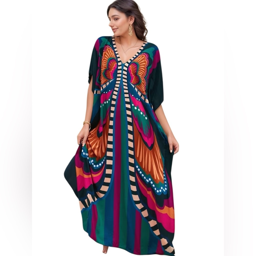✨NEW✨ Colorful Butterfly Kaftan Coverup Boho Dress - Women’s One Size OS - Picture 9 of 9
